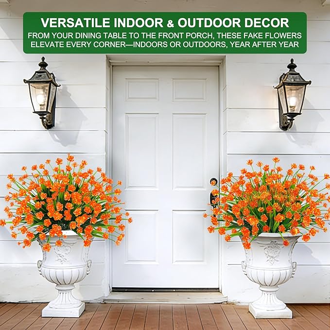 12 Bundles Artificial Flowers for Outdoors Spring Summer Decorations, UV Resistant Fake Mums Realistic Fake Plants Faux Plastic Flowers for Outdoor Indoor Home Gardens Porch Fall Decor(Orange Red)