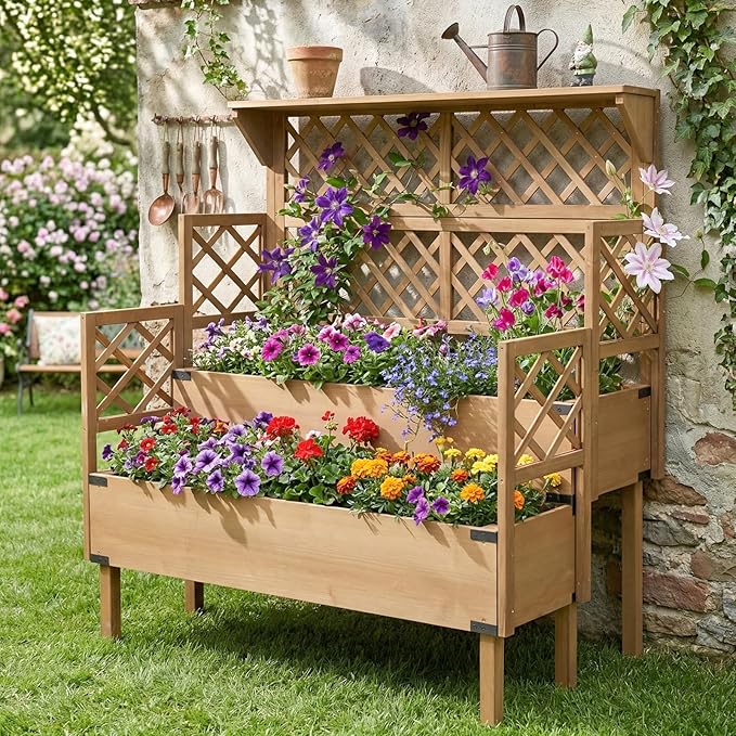 Raised Garden Bed with Trellis, 2-Tier Elevated Planter Box, Wooden Outdoor Planter for Vegetables Herbs Flowers, Lattice Back for Climbing Plants, Modern Minimal Design for Patio Balcony Backyard