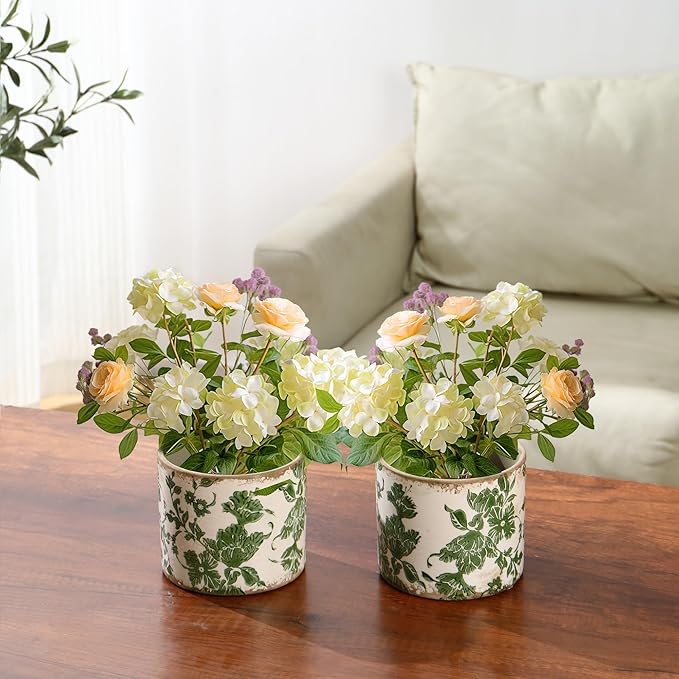 Set of 2 Vintage Ceramic Planters with Drainage Hole, Indoor Flower Pots for Outdoor Garden, Plant Vases, Green Tuscan Planter Set for Home, Gardening, Christmas Decor
