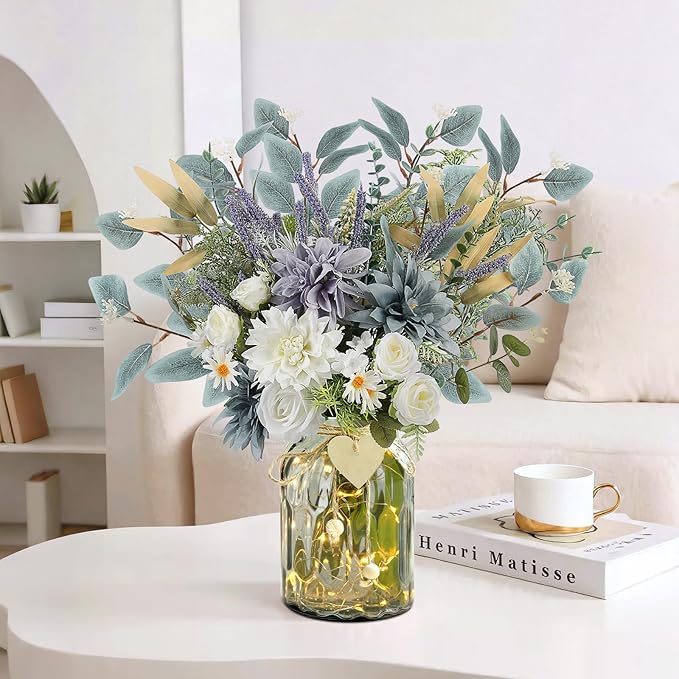 Fake Flowers with Vase, Silk Dusty Blue Rose Hydrangea Lavender Artificial Cemetery Flowers in Vase Faux Dahlia Flowers Arrangement for Table Centerpiece Summer Spring Gravesites Grave Home Decor
