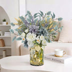 Fake Flowers with Vase, Silk Dusty Blue Rose Hydrangea Lavender Artificial Cemetery Flowers in Vase Faux Dahlia Flowers Arrangement for Table Centerpiece Summer Spring Gravesites Grave Home Decor