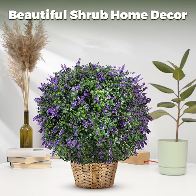 2 Pack Artificial Urn Filler, Artificial Lavender Topiary Shrubs, UV-Resistant Evergreen Plants, Indoor/Outdoor Decoration, Suitable for porches, courtyards, Gardens, and Flower beds
