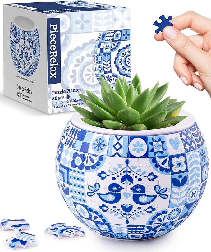 PieceRelax 3D Puzzle Planter 80 Pieces - Flower Pot - Danish Folklore Style, for Mom, Home Decor Flower Pots for Indoor Cactus, Succulents Pots [K1117]
