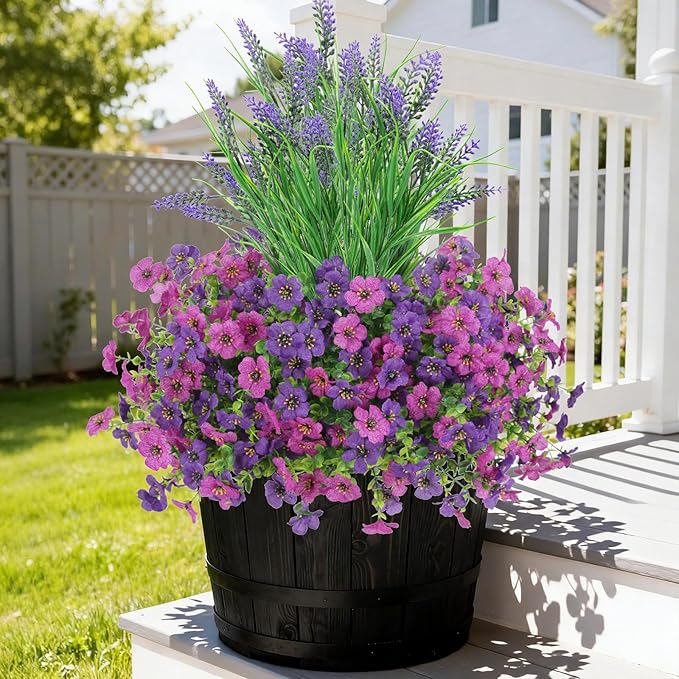 INQCMY Artificial Flowers for Outdoors UV Resistan 12 Pcs Silk Daisies with Eucalyptus Leaves and 2 Pcs Lavender Suitable for Porch Balcony Courtyard Garden (Red Lotus Deep Purple)