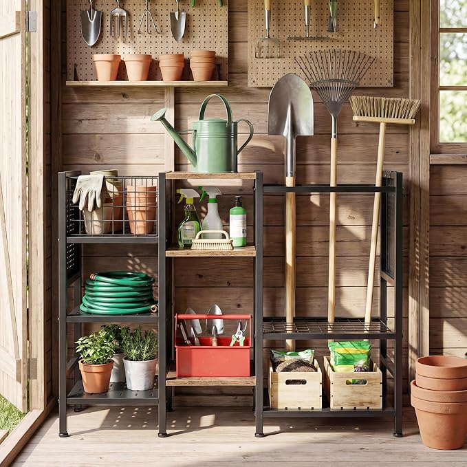 Goplus Garden Tool Organizer with Wooden Shelves, 40” Wide 3-Tier Yard Freestanding Storage Rack Holds up to 66 Long Handled Shovels, Rakes & Brooms, Heavy-Duty Tool Holder for Garage, Shed & Lawn