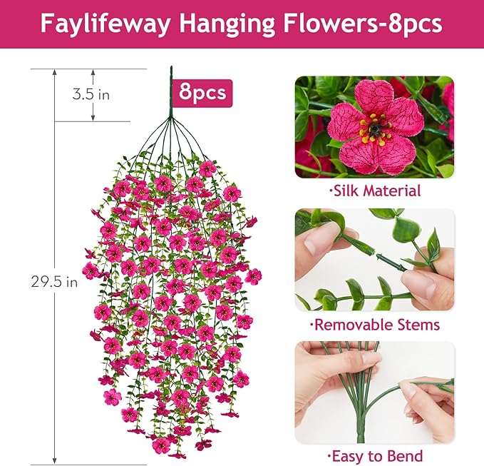 Artificial Hanging Flowers for Outdoors Spring Summer Decoration, 4PCS UV Resistant Silk Fake Hanging Plants for Patio Porch Front Yard Window Garden Indoor Decor(Hot Pink,8PCS)