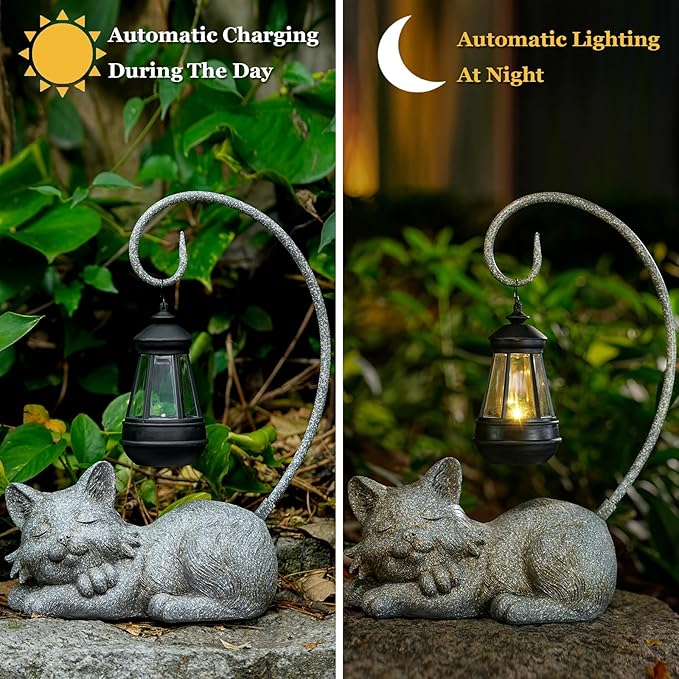 WSgift Outdoor Cat Figurine Garden Statue with Solar-Powered LED Light 13.77 Inches Tall Gift Garden Statue Decor for Cat Lovers Marbled