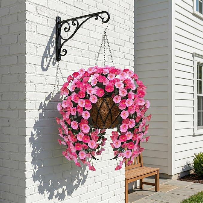 Artificial Flowers for Outdoors Fake Pink Morning Glory Hanging Flower Decoration, 2Pcs Realistic Faux Plants Petunias Long Trailing Vines,Spring Decor for Porch Patio Balcony Planter Yard