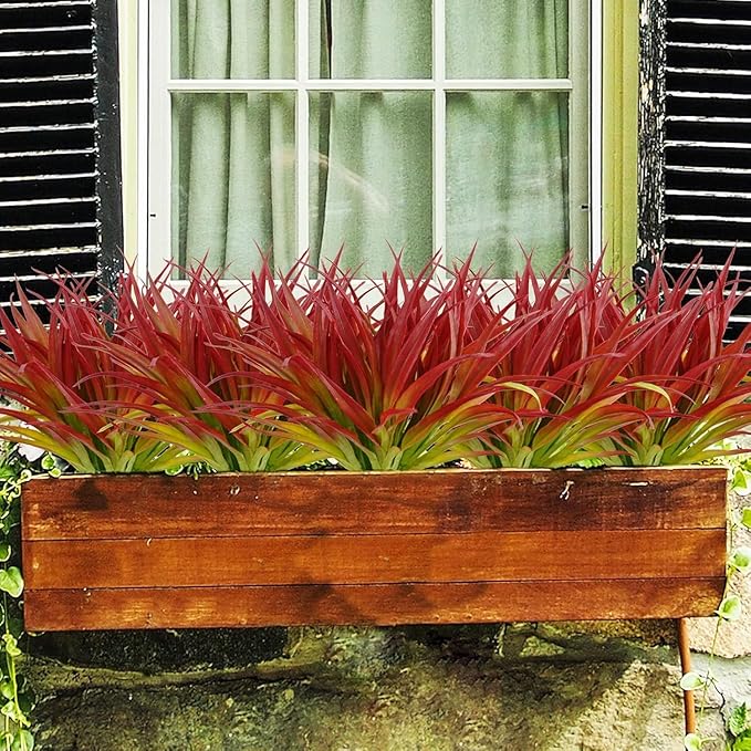 32 Pcs Artificial Grass Fake Plants 17.3in Outdoor Plants UV Resistant Greenery Stems Fake Grass for Home Window Garden Office Patio Pathway Front Porch Décor Light Green & Red