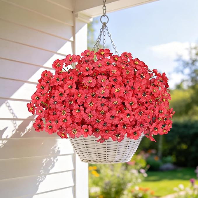 AmyHomie 20 Bundles Artificial Flowers for Outdoor UV Resistant Faux Flowers No Fade Fake Plastic Plants Garden Porch Window Box Decorating(Red)