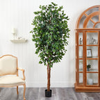 Nearly Natural 7ft Triple Trunk Artificial Ficus Tree with Natural Wood Trunks, Fake Tree For Indoor Home Decor, Faux Ficus Tree with Black Nursery Pot