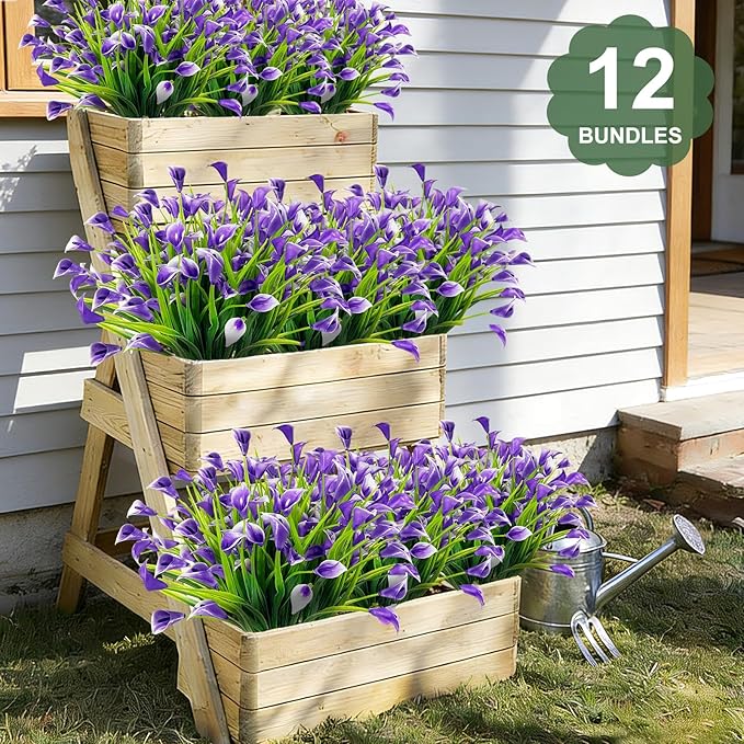 TURNMEON 12 Bundles Calla Lily (240 Heads) Artificial Flowers for Outdoors, Fake Plants UV Resistant Faux Plastic Fake Flowers for Indoor Planter Home Porch Yards Spring Summer Cemetery Decor(Purple)