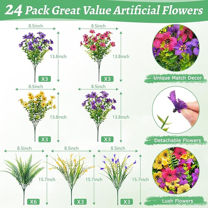 BLEUM CADE Artificial Flowers for Outdoors, 24 Bundles Faux Plants Outdoor Artificial Flowers for Decoration, UV Resistant Fake Flowers Artificial Plants & Flowers for Outdoors Garden Decor