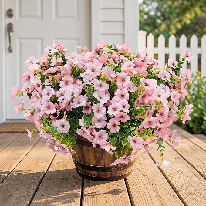 Artificial Flowers for Outdoor Fake Plants for Spring Decoration,Faux Eucalyptus Flowers for Planter UV Resistant Lifelike for Home Porch Garden (White/Pink)