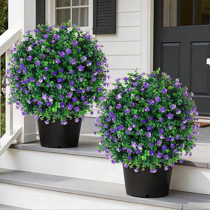 Grooy Artificial Boxwood Topiary Tree with Flower, Set of 2 Artificial Shrub Bushes with Ground Spike, Fake Evergreen Tree for Porch, Artificial Plants for Outdoor Planters Indoor UV Resistant