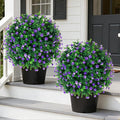 Grooy Artificial Boxwood Topiary Tree with Flower, Set of 2 Artificial Shrub Bushes with Ground Spike, Fake Evergreen Tree for Porch, Artificial Plants for Outdoor Planters Indoor UV Resistant