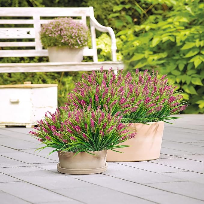 obbsie 36 Bundles Artificial Plants Outdoor, 18.2" UV Resistant Faux Monkey Grass Greenery Stems No Fade Faux Plastic Flowers Shrubs for Home Weddings Garden Porch Front Patio Office Decor - Rose Red