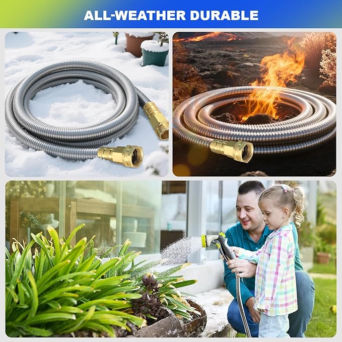 Short Metal Garden Hose 10 ft – 304 Stainless Steel Water Hose Leader, Flexible Hose Extension, Small Lightweight Hose Extender,No Kink Outdoor Hose (10 ft)