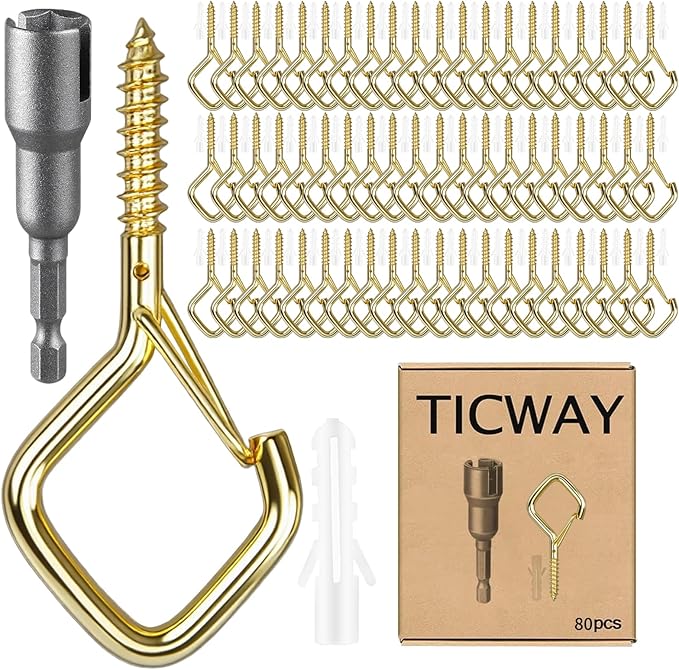 80 Pcs Outdoor Hooks for String Lights,Screw Hooks for Hanging Plants,Ceiling Hooks with Safety Buckle,Square Hanger for Wind Chimes,Bird Feeder,Lanterns,Christmas Decorations Gold