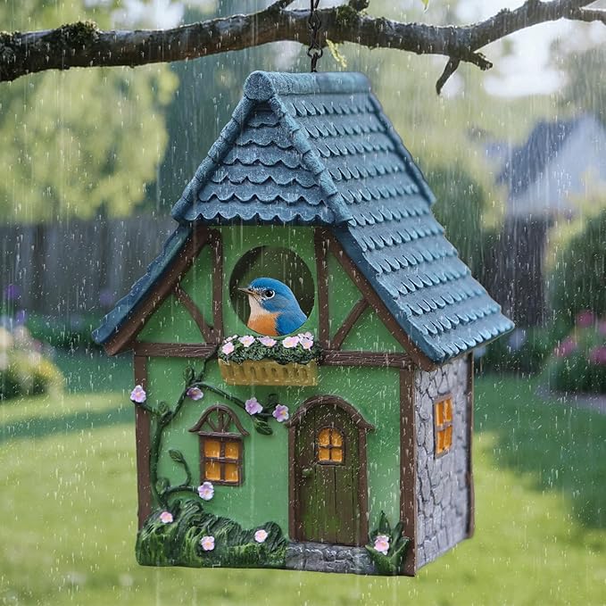 Bird Houses for Outside Cottage Garden Birdhouse –Green Resin Birdhouses for Outdoors with Flower and Stone Details for Bluebird Finches Cardinals Bird Nesting Garden, Patio, Yard