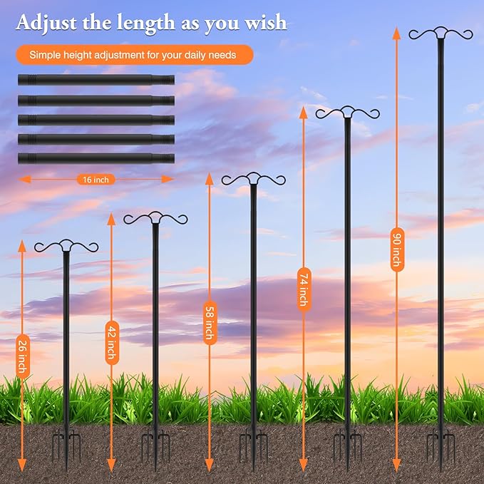 SINLEY 2 Pack 90 inch Double Shepherds Hook for Outdoor with 5 Prong Base Heavy Duty Two Sided Bird Feeder Pole for Hanging Lantern,Hummingbird Feeder,Lightweight Plant,Shepherds Hook