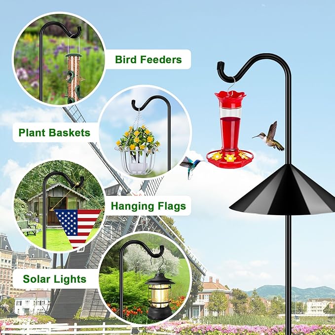 FEED GARDEN 92’’ Bird Feeder Pole Squirrel Proof 1 Pack, Adjustable Tall Shepherds Hooks for Outdoor with 7 Prongs Base, Heavy Duty Shepherd Hook with Baffles, Pole for Bird Feeder, Plant Baskets
