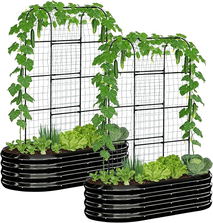 DoCred 2 in 1 Galvanized Raised Garden Bed, 2Pcs Garden Planter Box with 71" H Trellis for Climbing Plants, Outdoor Gardening Raised Beds with Climbing Net for Fruits, Vegetables, Flower (Black)