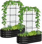DoCred 2 in 1 Galvanized Raised Garden Bed, 2Pcs Garden Planter Box with 71" H Trellis for Climbing Plants, Outdoor Gardening Raised Beds with Climbing Net for Fruits, Vegetables, Flower (Black)