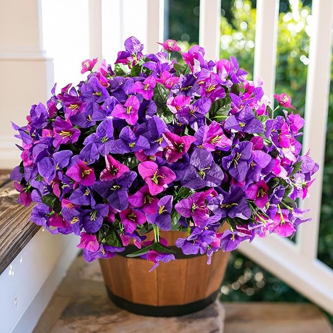 Artificial Flowers Plants for Outdoors Spring Summer Decor, 4 Bundles Fake Bougainvillea Silk Outside Flowers UV Resistant Look Real for Outdoor Planter Patio Porch Window Garden Home, PurpleFuchsia