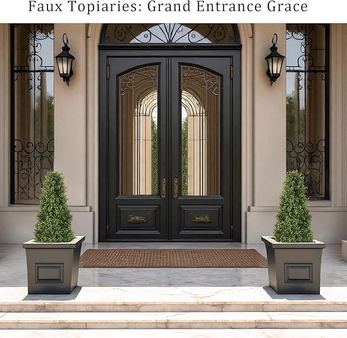 3ft Artificial Boxwood Topiary Trees (Set of 2) - UV Resistant Faux Plants Outdoor, Realistic 36" Fake Cone Bushes and Shrubs for Front Porch, Planter, Patio, Evergreen