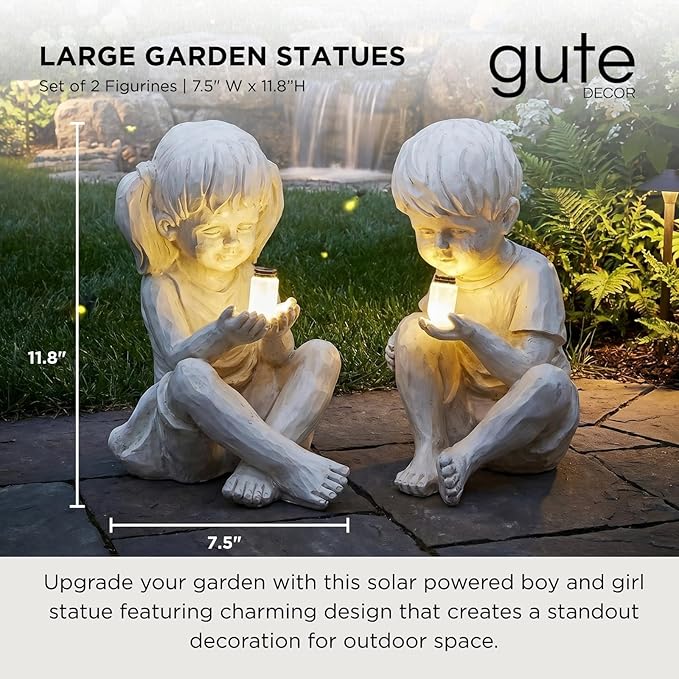 Large Garden Children Statues Light Up Firefly Jar Solar Powered | Set of 2 Figurines | Girl & Boy Garden Yard Art Décor, Indoor & Outdoor Ornament Gifts for Lawn, Patio , 7.5" W x11. 8”H Cream Gift