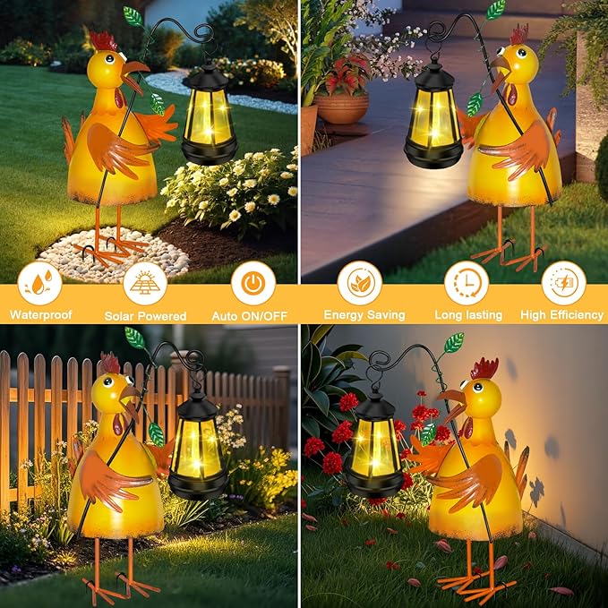 Solar Garden Decor Outdoor Statue, Metal Chicken with Solar Lantern for Outdoor, Yard, Patio Decor, Unique Birthday Gifts for Women Mom Grandma Cute Housewarming Gifts