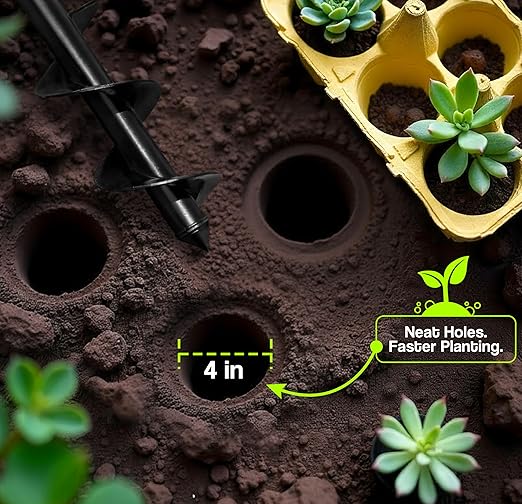 Auger Drill Bit for Planting with Gloves (4 x 12 Inch) - Heavy Duty Garden Spiral and Bulb Planter Tool for Digging Holes - Compatible with 3/8 Inch Hex Drive