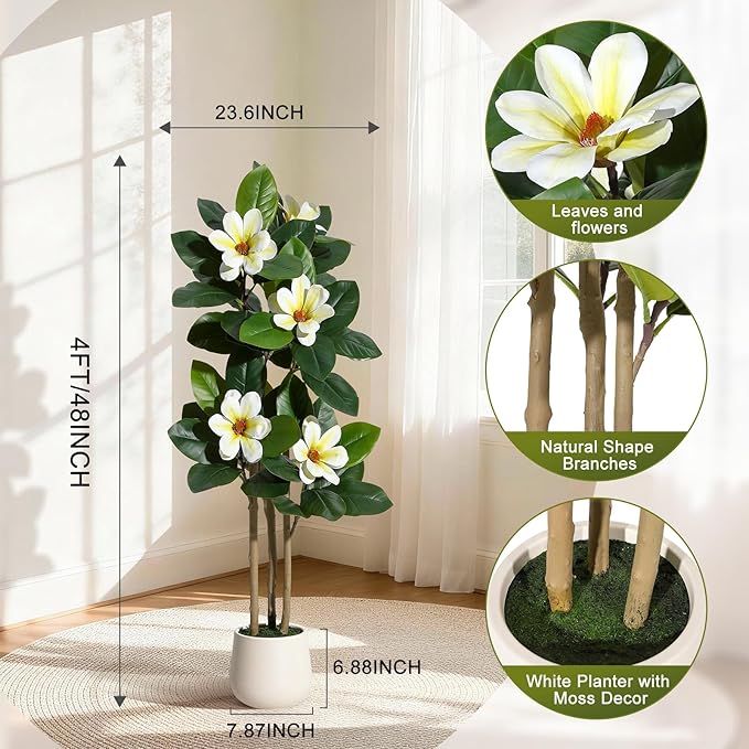 Fiddle Leaf Fig Tree 4FT Tall Artificial Plant, Large Fake Tree in White Planter, Faux Rubber Tree Fake Floor Plant with Magnolia Flowers - Artificial Tree for Home Office Living Room Decor, White