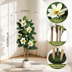 Fiddle Leaf Fig Tree 4FT Tall Artificial Plant, Large Fake Tree in White Planter, Faux Rubber Tree Fake Floor Plant with Magnolia Flowers - Artificial Tree for Home Office Living Room Decor, White