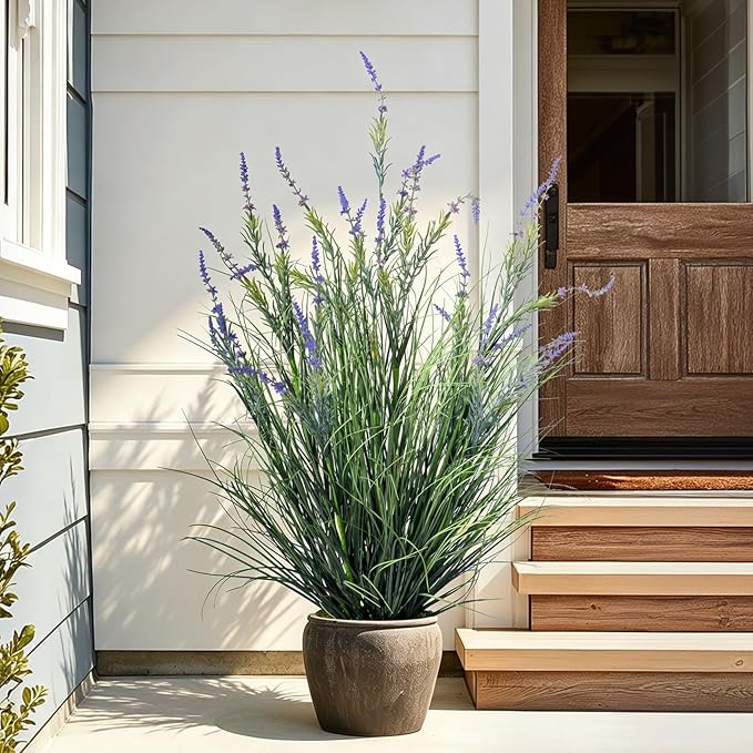 2 Pack Lifelike Artificial Tall Grass Plant Indoor Outdoor Fake Lavender Faux Plastic plantas Synthetic Pampas Grass Artificial Cattail Reed Grass for Home Office Patio Decor Housewarming Gift
