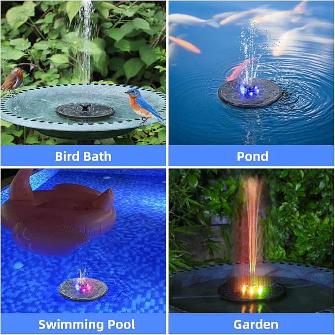 Solar Powered Fountain 4W Bird Bath Fountains Pump Upgraded Glass Panel Fountains with Color LED Lights 7 Nozzles & 4 Fixers for Garden Small Pond Outdoor Swimming Pool Fish Tank