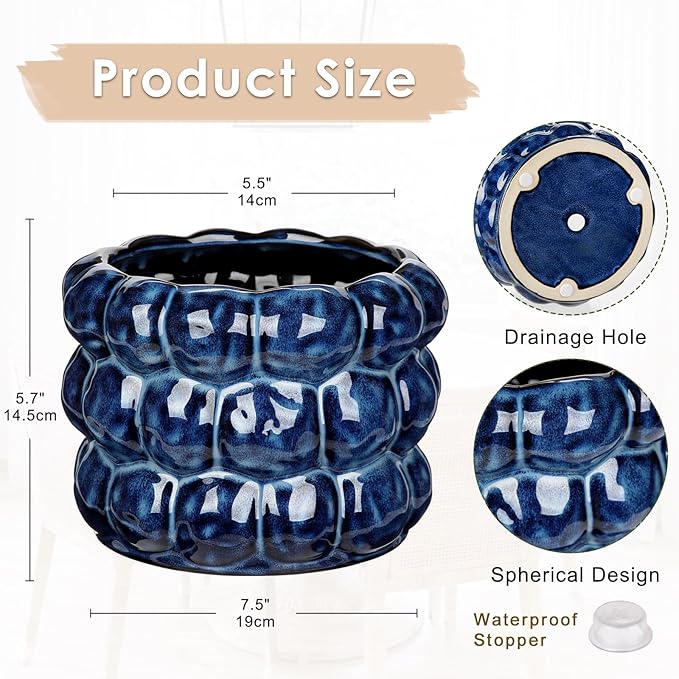 7.5 Inch Ceramic Planter Pot for Indoor Plants with Drainage Hole Bubble Flower Planter Hobnail Plant Pot Garden Planter Blue Succulent Plant Pot Utensil Holder
