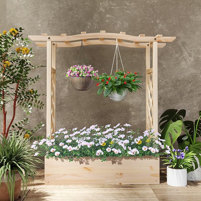 Giantex Set of 2 Raised Garden Bed with Sided Trellis & Hanging Roof, Wood Planter Box, Freestanding Garden Planter Raised Bed for Flowers Herbs Climbing Vines 44”x14”x45” (L x W x H)