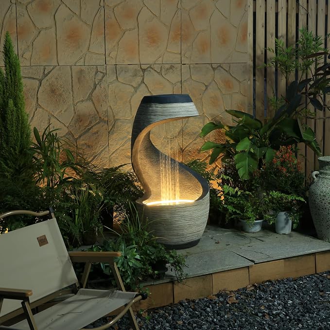 37" S-Shaped Outdoor Water Fountain with LED Lights, Modern Resin Cascading Waterfall Feature for Garden, Patio, Backyard or Porch, Large Decorative Zen Water Feature – 21" L x 21" W x 37.9" H