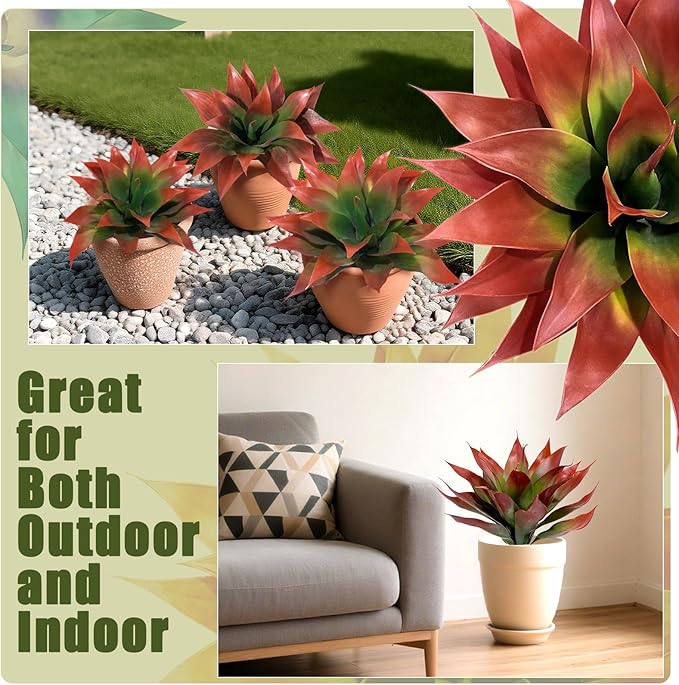 Artificial Agave Plants, Realistic UV Resistant Fake Aesthetic Plants for Outdoor Indoor, Home Decor for Garden, Porch, Doorway, Patio (2PCS, Red, Small)