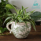 Vintage Flower Pot Rustic Planter Container with Handle Ceramic Ice Crack Plant Pot with Drainge Hole Decorative Planter for Indoor and Outdoor Tuscan Decor Vase Gardening Gift (Green)