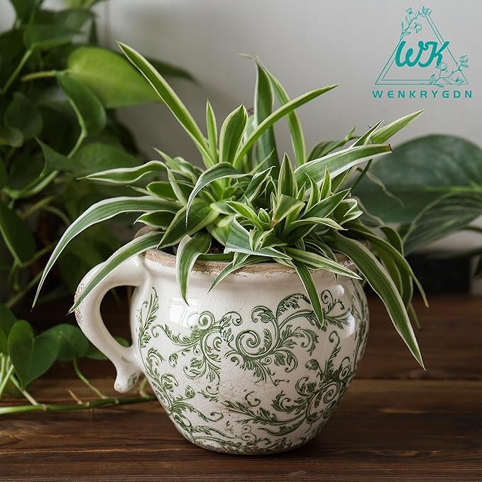 Vintage Flower Pot Rustic Planter Container with Handle Ceramic Ice Crack Plant Pot with Drainge Hole Decorative Planter for Indoor and Outdoor Tuscan Decor Vase Gardening Gift (Green)