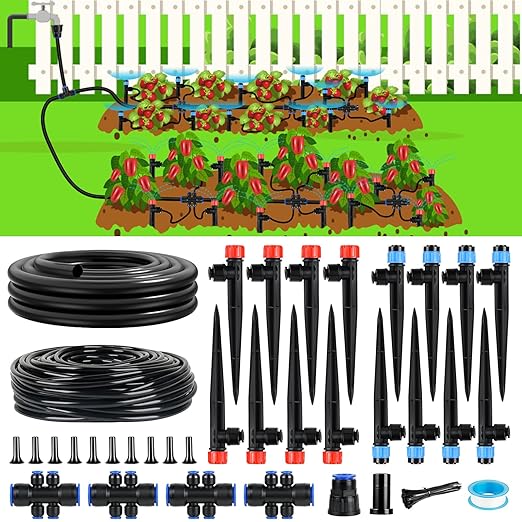 100FT Drip Irrigation System Kit, Automatic Garden Watering System Quick-Connect Adjustable Sprinklers for Raised Garden Beds, Greenhouse, Yard, Lawn, Plant with 1/2" & 1/4" Tubing and Accessories