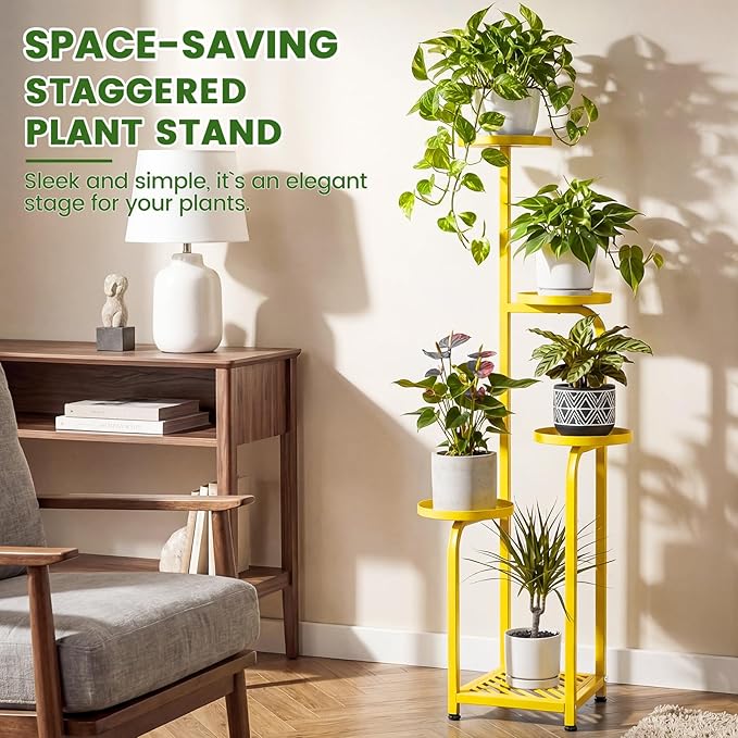 TOSKING 5 Tier Tall Plant Stand Indoor Outdoor,Anti-Tip Plant Stand indoor, Wide Base for Pots, Child and Pet Friendly,Heavy Duty Corner Shelf for Plants & Decor, Space Saving ,Tiered Metal Flower Pot Stand for Balcony, Garden, Living Room, Patio (Yell...