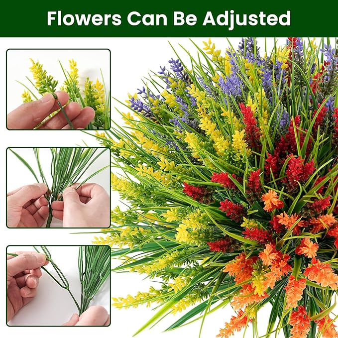 20 Bundles Artificial Plants Outdoor, UV Resistant Fake Flowers, Realistic Faux Lavender Shrubs for Porch Garden Window Box Home Decoration (Yellow Lightpurple Red Orange)