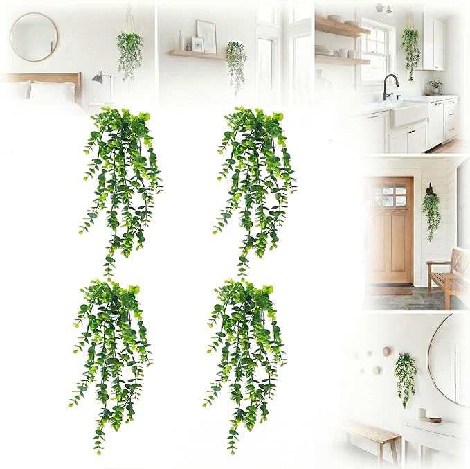 4 Pack Fake Hanging Plants, Artificial Potted Plants for Indoor Outdoor Decor - Realistic Faux Eucalyptus Vines in Pots for Boho Bathroom, Bedroom, Shelf, Porch Wall Decor, UV Resistant Greenery