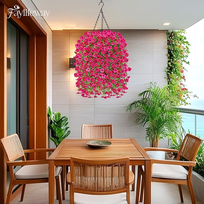 Artificial Hanging Flowers for Outdoors Spring Summer Decoration, 4PCS UV Resistant Silk Fake Hanging Plants for Patio Porch Front Yard Window Garden Indoor Decor(Hot Pink,4PCS)