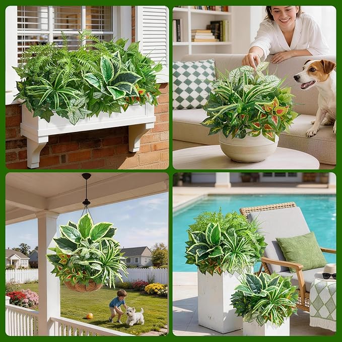 Artificial Plants Outdoor,12PCS UV Resistant Fake Greenery with Stems Faux Plant Outside for Front Proch Garden Patio Planters Window Boxes Home Decor(Not Included Pot)