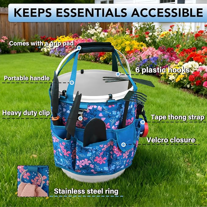 KUNN Bucket Organizer 5 Gallon 18-Pocket Tool Bucket Bag with 6 Hooks, Gardening Tool Holder Caddy for Gardeners, Outdoor Yard Work, Soil Plant Flower Gardening Accessories with Grip Pad, Blue